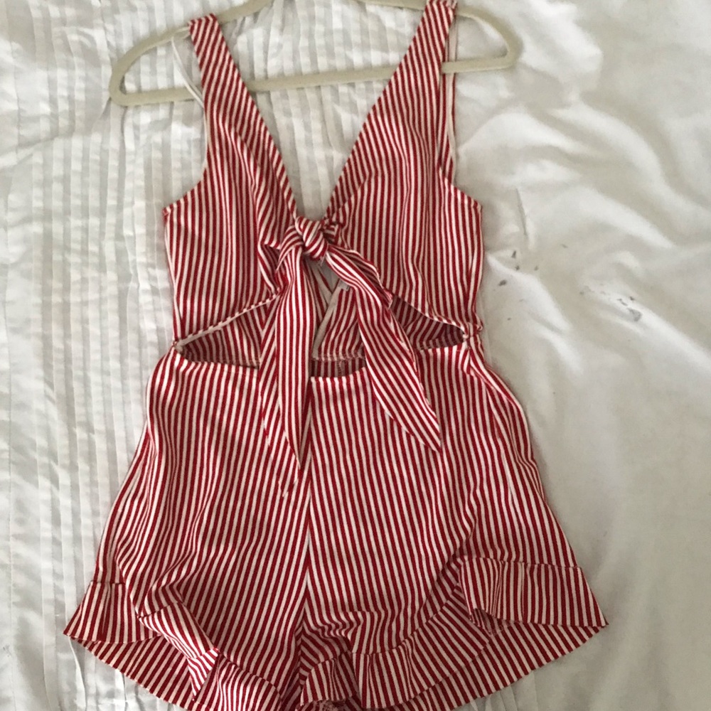 Zara red and white striped front tie romper
